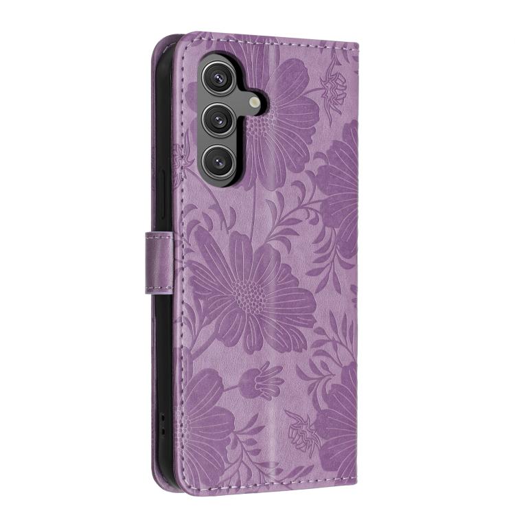 For Samsung Galaxy S24 FE 5G Sunflower Embossed Vegan Leather Phone Case with Small Black Rope