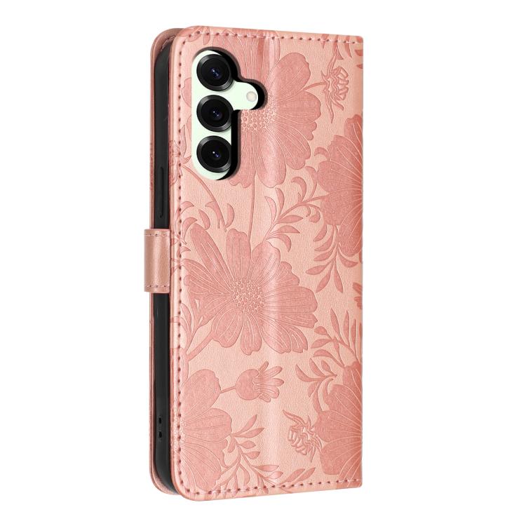 For Samsung Galaxy S25+ 5G Sunflower Embossed Vegan Leather Phone Case with Small Black Rope