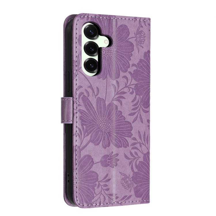 For Samsung Galaxy S25+ 5G Sunflower Embossed Vegan Leather Phone Case with Small Black Rope