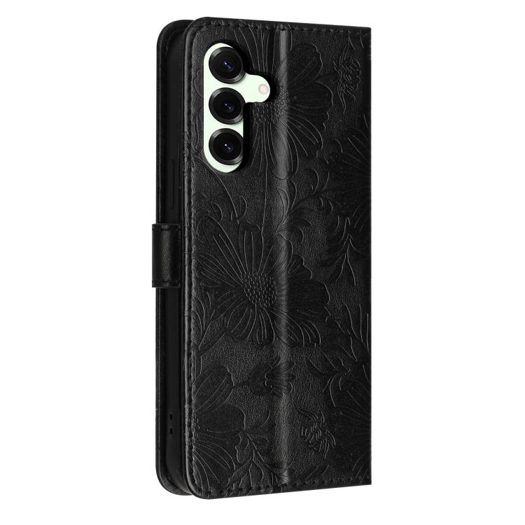 For Samsung Galaxy S25+ 5G Sunflower Embossed Vegan Leather Phone Case with Small Black Rope