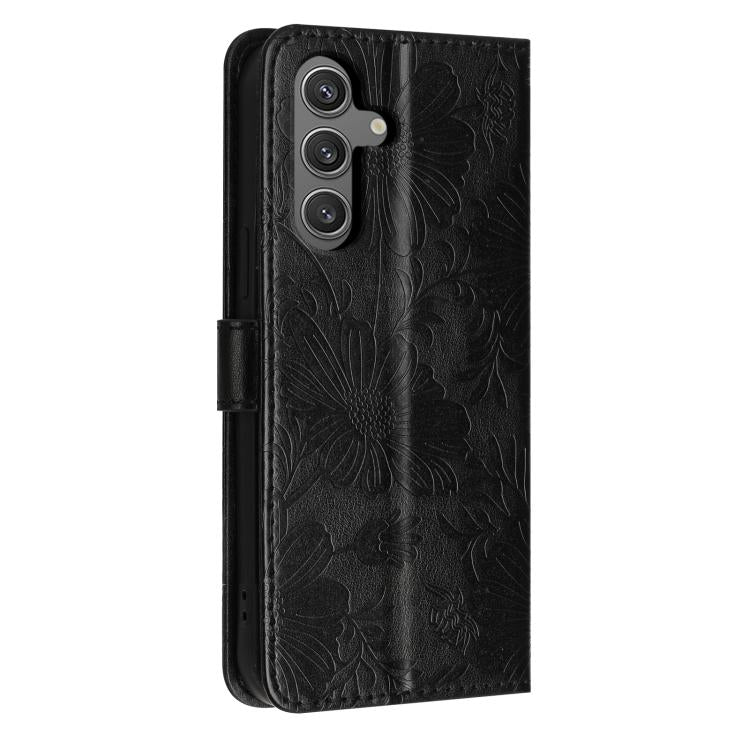 For Samsung Galaxy S25 FE 5G Sunflower Embossed Vegan Leather Phone Case with Small Black Rope