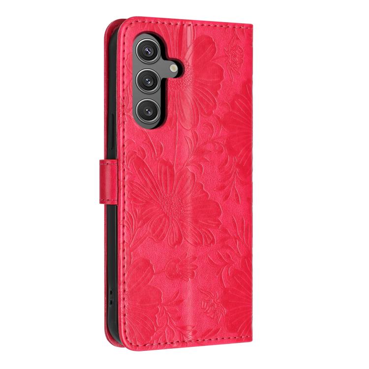 For Samsung Galaxy S25 FE 5G Sunflower Embossed Vegan Leather Phone Case with Small Black Rope