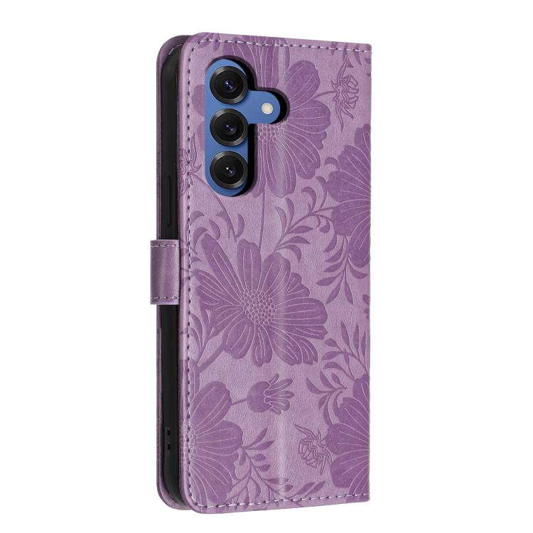 For Samsung Galaxy S26+ 5G Sunflower Embossed Vegan Leather Phone Case with Small Black Rope