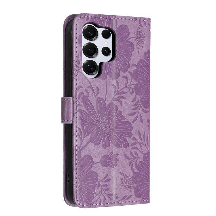 For Samsung Galaxy S26 Ultra 5G Sunflower Embossed Vegan Leather Phone Case with Small Black Rope