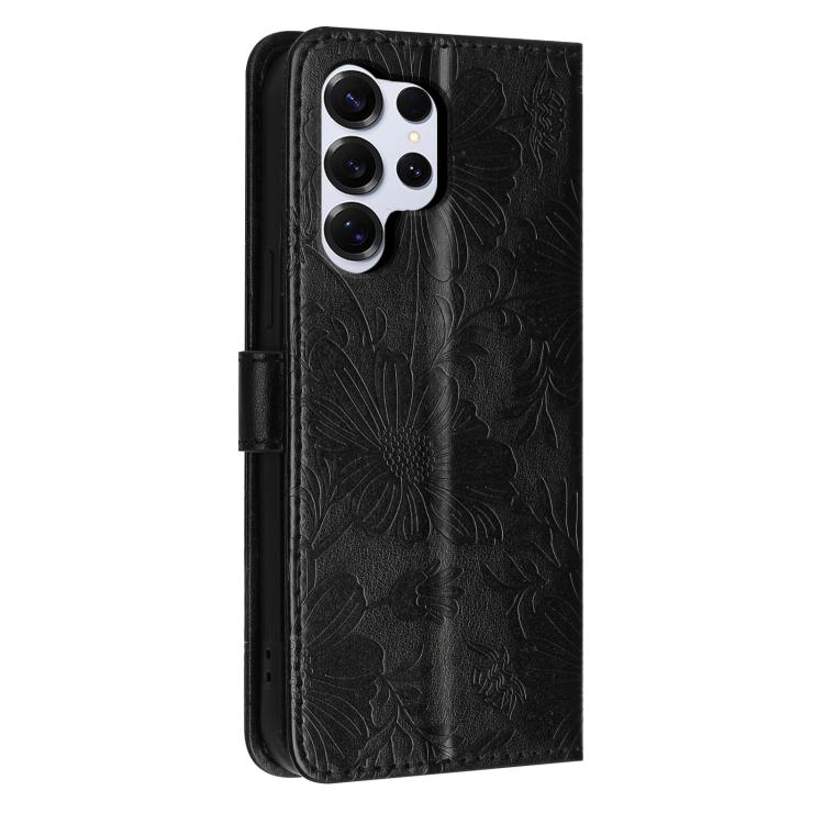 For Samsung Galaxy S26 Ultra 5G Sunflower Embossed Vegan Leather Phone Case with Small Black Rope