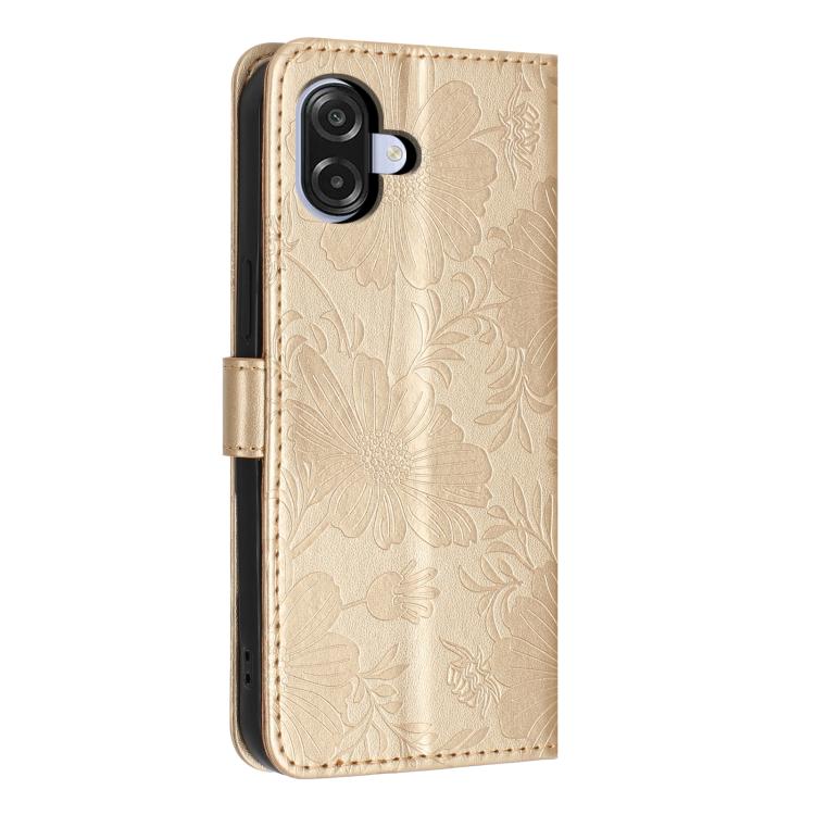 For Samsung Galaxy M06 5G Sunflower Embossed Vegan Leather Phone Case with Small Black Rope