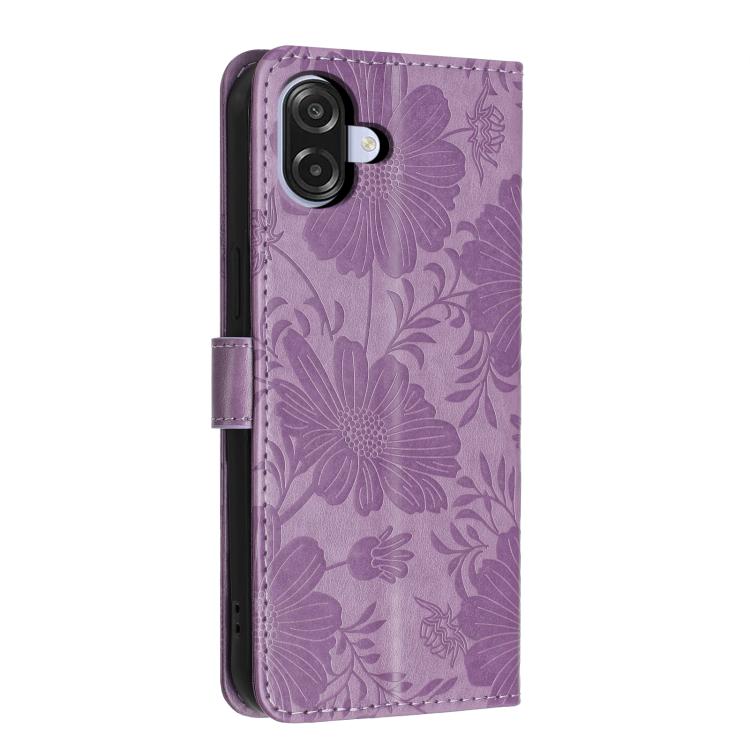 For Samsung Galaxy M06 5G Sunflower Embossed Vegan Leather Phone Case with Small Black Rope