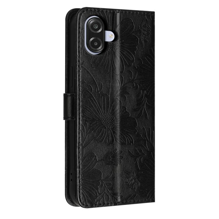 For Samsung Galaxy M06 5G Sunflower Embossed Vegan Leather Phone Case with Small Black Rope