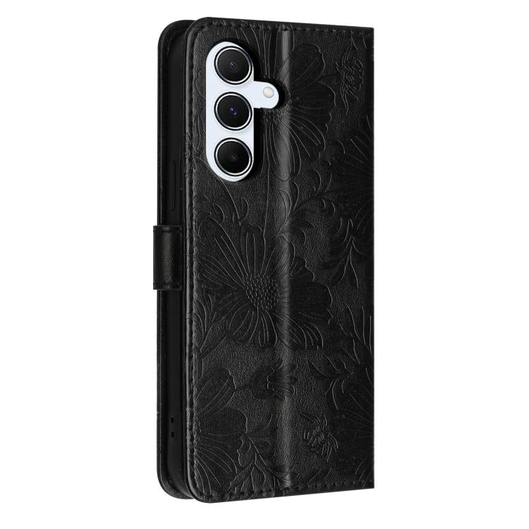 For Samsung Galaxy A54 5G Sunflower Embossed Vegan Leather Phone Case with Small Black Rope
