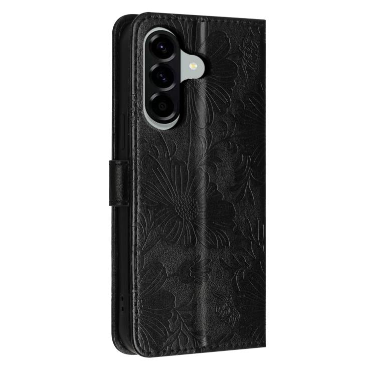 For Samsung Galaxy A56 5G Sunflower Embossed Vegan Leather Phone Case with Small Black Rope