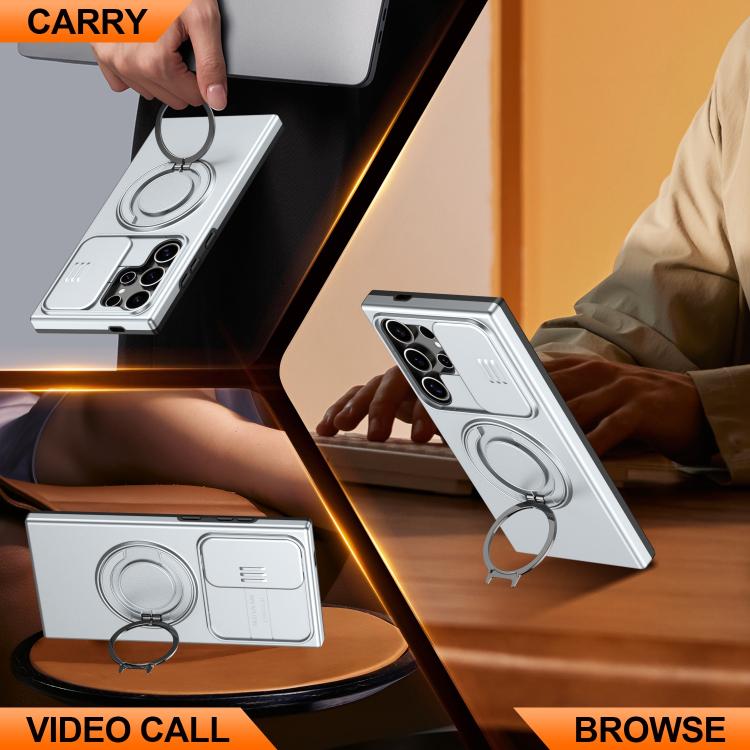 For Samsung Galaxy S24 Ultra 5G Camera Sliding Shield Magnetic Rotation Holder Phone Case