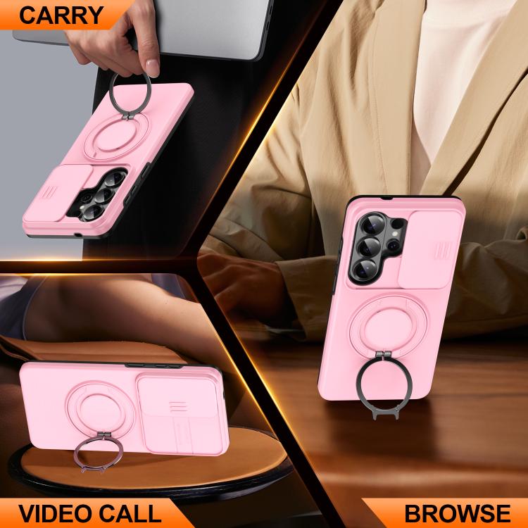 For Samsung Galaxy S25 Ultra 5G Camera Sliding Shield Magnetic Rotation Holder Phone Case