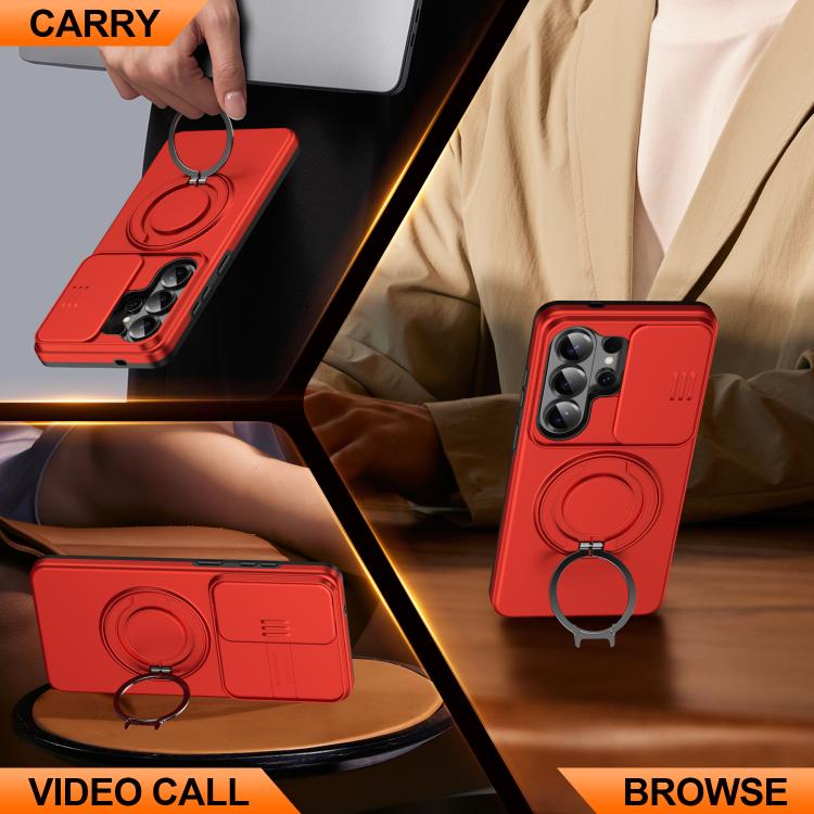 For Samsung Galaxy S25 Ultra 5G Camera Sliding Shield Magnetic Rotation Holder Phone Case