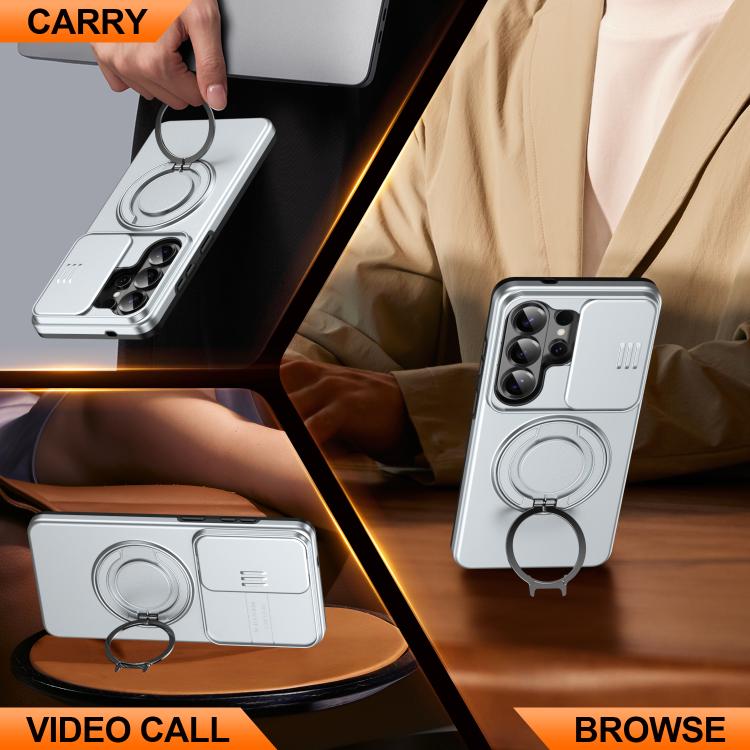 For Samsung Galaxy S25 Ultra 5G Camera Sliding Shield Magnetic Rotation Holder Phone Case