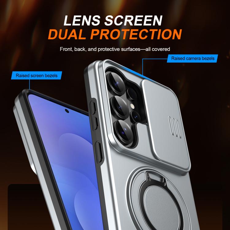 For Samsung Galaxy S25 Ultra 5G Camera Sliding Shield Magnetic Rotation Holder Phone Case