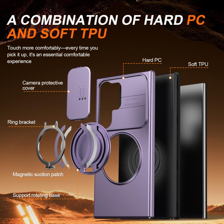 For Samsung Galaxy S23 Ultra / S22 Ultra Camera Sliding Shield Magnetic Rotation Holder Phone Case