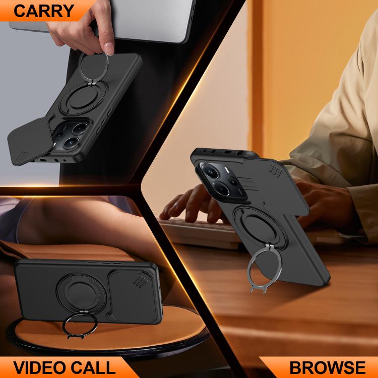 For Redmi Note 14 4G / 5G Camera Sliding Shield Magnetic Rotation Holder Phone Case