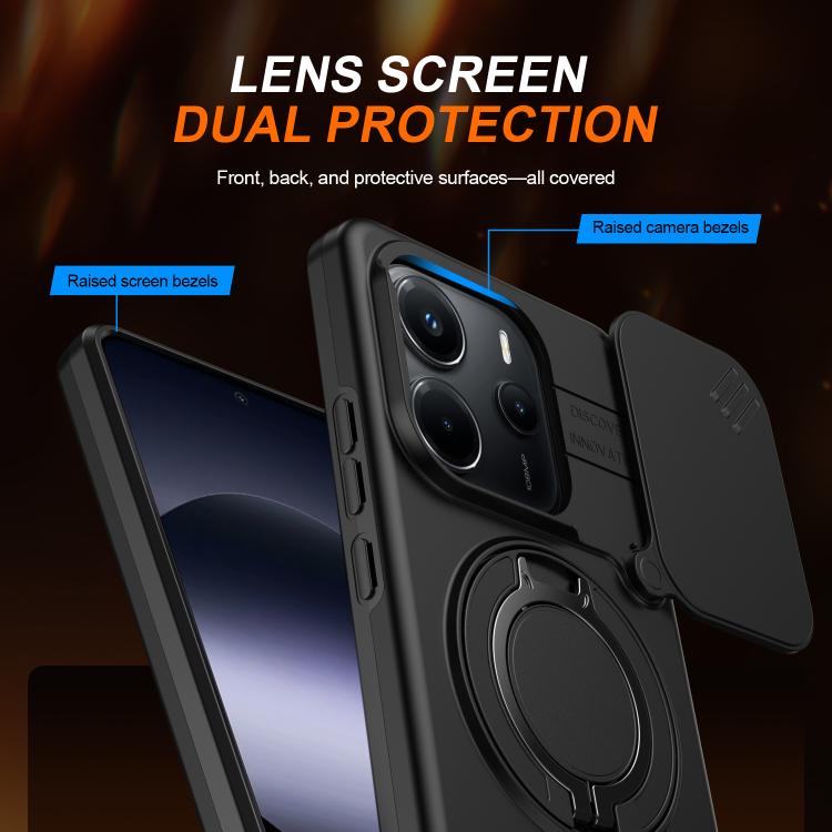For Redmi Note 14 4G / 5G Camera Sliding Shield Magnetic Rotation Holder Phone Case