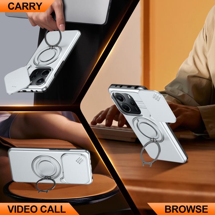 For Redmi Note 14 4G / 5G Camera Sliding Shield Magnetic Rotation Holder Phone Case
