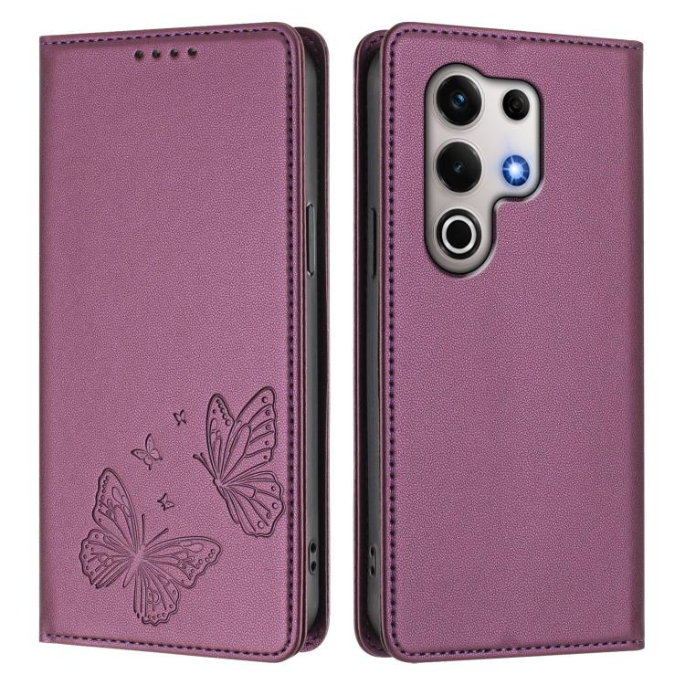 For Itel S25 Ultra Strong Magnetic Dual Butterfly RFID Vegan Leather Phone Case