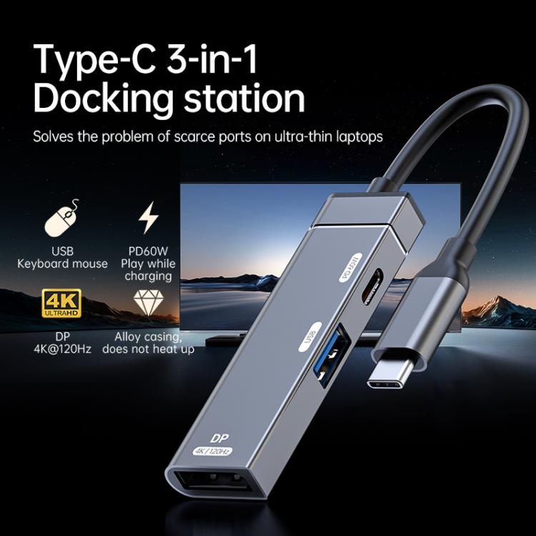 60W Type-C to Type-C, USB-A, 4K DisplayPort HUB Docking Station - Grey