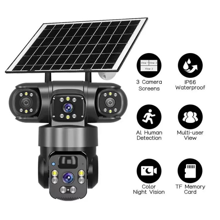 V380 Pro 2MP Panoramic 360 Degrees Triple Lens Wireless WiFi Solar Powered Surveillance Camera - Black
