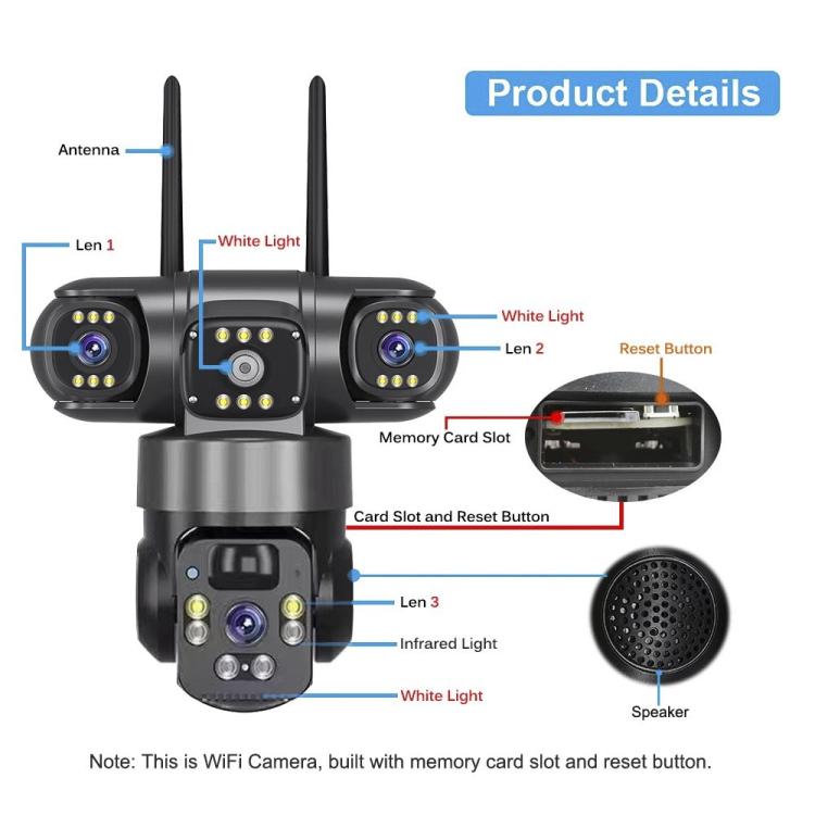 V380 Pro 2MP Panoramic 360 Degrees Triple Lens Wireless WiFi Solar Powered Surveillance Camera - Black