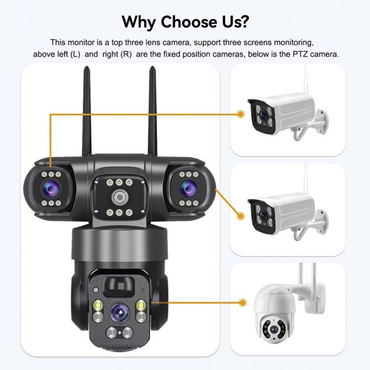 V380 Pro 2MP Panoramic 360 Degrees Triple Lens Wireless WiFi Solar Powered Surveillance Camera - Black