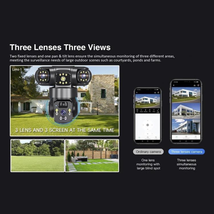 V380 Pro 2MP Panoramic 360 Degrees Triple Lens Wireless WiFi Solar Powered Surveillance Camera - Black