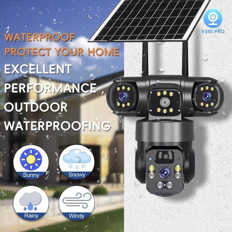 V380 Pro 2MP Panoramic 360 Degrees Triple Lens Wireless WiFi Solar Powered Surveillance Camera - Black