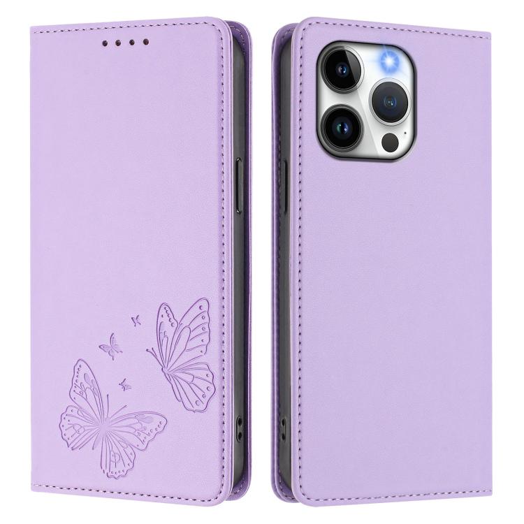 For iPhone 13 Pro Strong Magnetic Dual Butterfly RFID Vegan Leather Phone Case