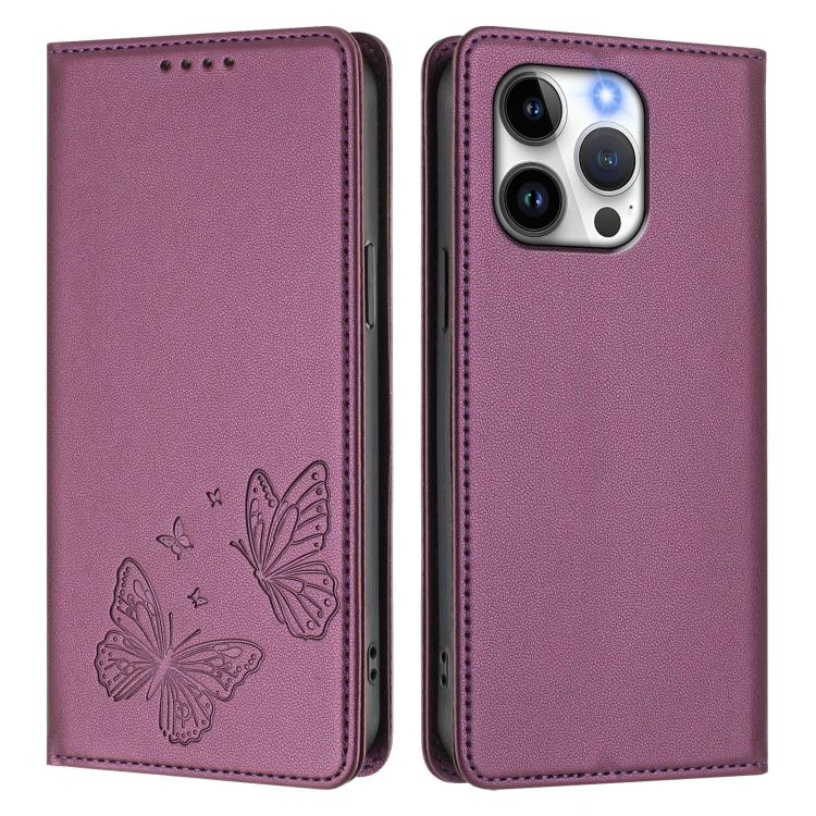 For iPhone 13 Pro Strong Magnetic Dual Butterfly RFID Vegan Leather Phone Case