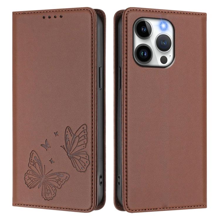 For iPhone 13 Pro Strong Magnetic Dual Butterfly RFID Vegan Leather Phone Case