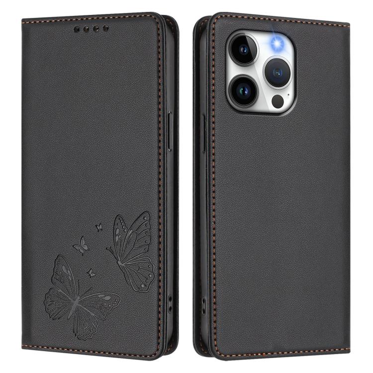 For iPhone 13 Pro Strong Magnetic Dual Butterfly RFID Vegan Leather Phone Case