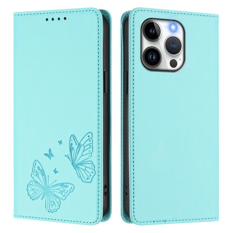 For iPhone 13 Pro Max Strong Magnetic Dual Butterfly RFID Vegan Leather Phone Case