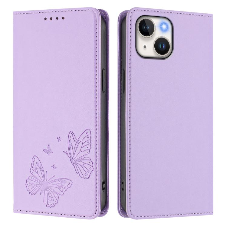 For iPhone 14 / 13 Strong Magnetic Dual Butterfly RFID Vegan Leather Phone Case
