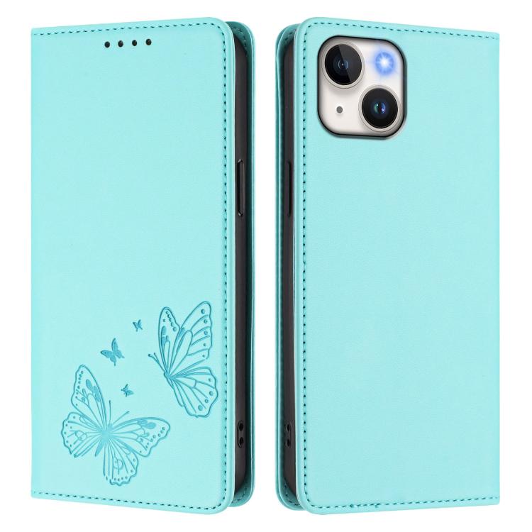 For iPhone 14 Plus Strong Magnetic Dual Butterfly RFID Vegan Leather Phone Case