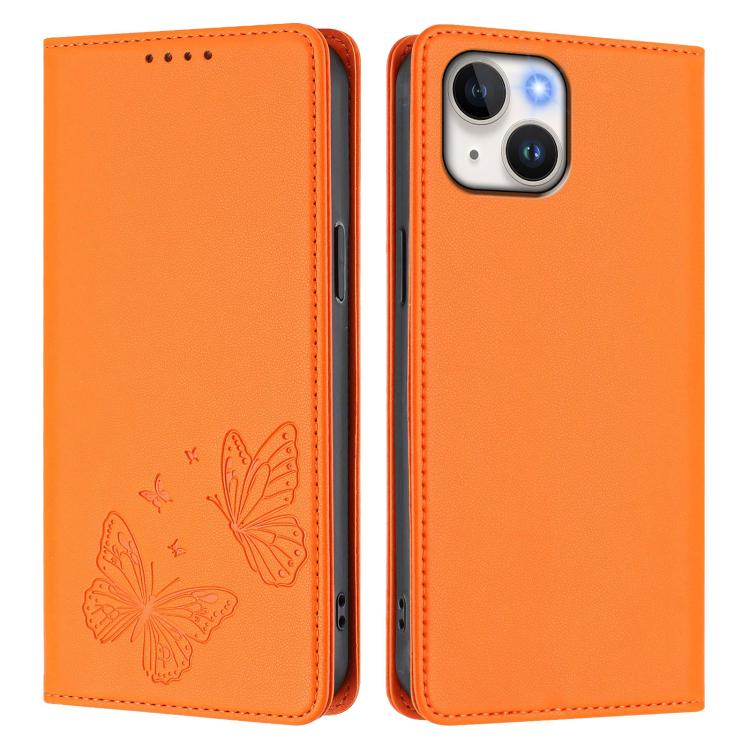 For iPhone 14 Plus Strong Magnetic Dual Butterfly RFID Vegan Leather Phone Case