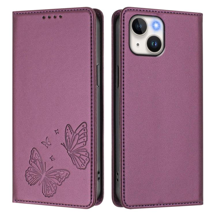 For iPhone 14 Plus Strong Magnetic Dual Butterfly RFID Vegan Leather Phone Case