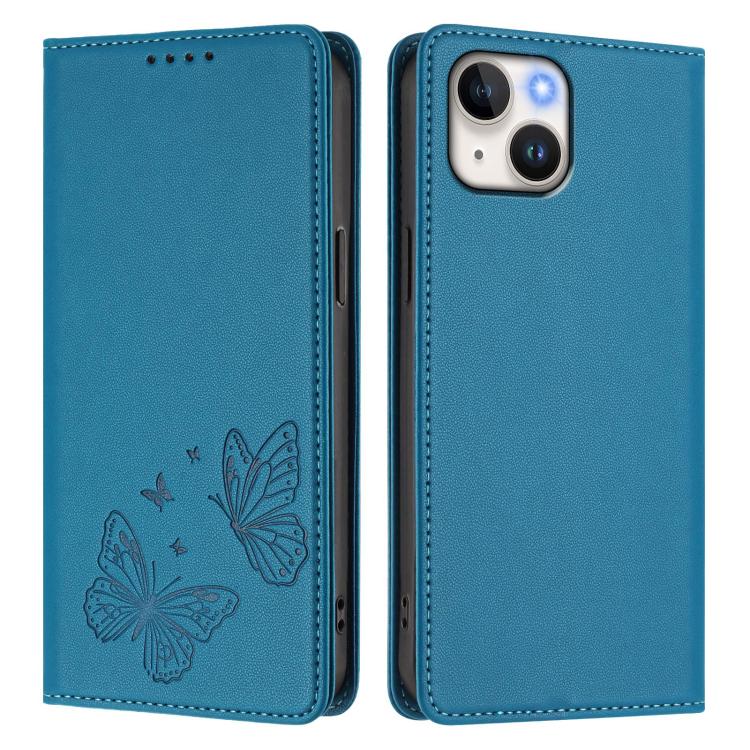 For iPhone 14 Plus Strong Magnetic Dual Butterfly RFID Vegan Leather Phone Case