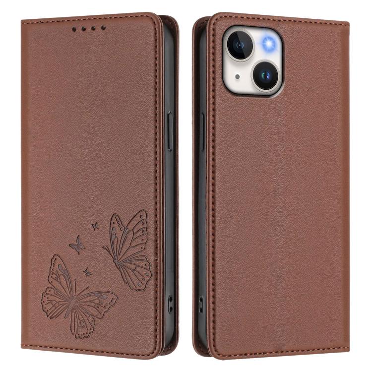 For iPhone 14 Plus Strong Magnetic Dual Butterfly RFID Vegan Leather Phone Case