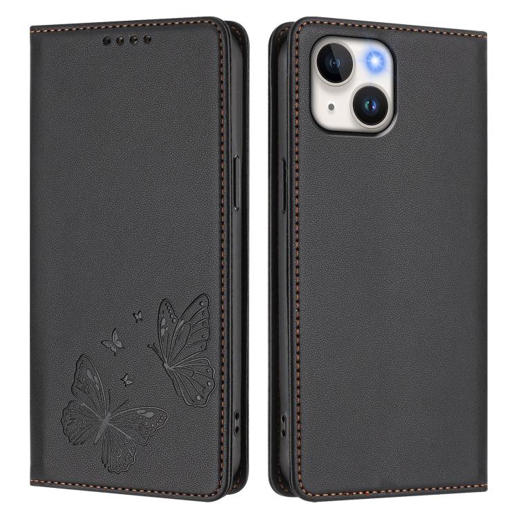 For iPhone 14 Plus Strong Magnetic Dual Butterfly RFID Vegan Leather Phone Case