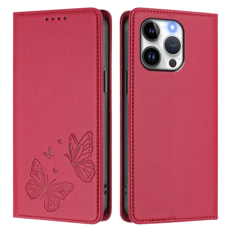 For iPhone 14 Pro Strong Magnetic Dual Butterfly RFID Vegan Leather Phone Case