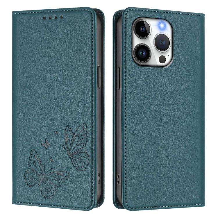 For iPhone 14 Pro Strong Magnetic Dual Butterfly RFID Vegan Leather Phone Case