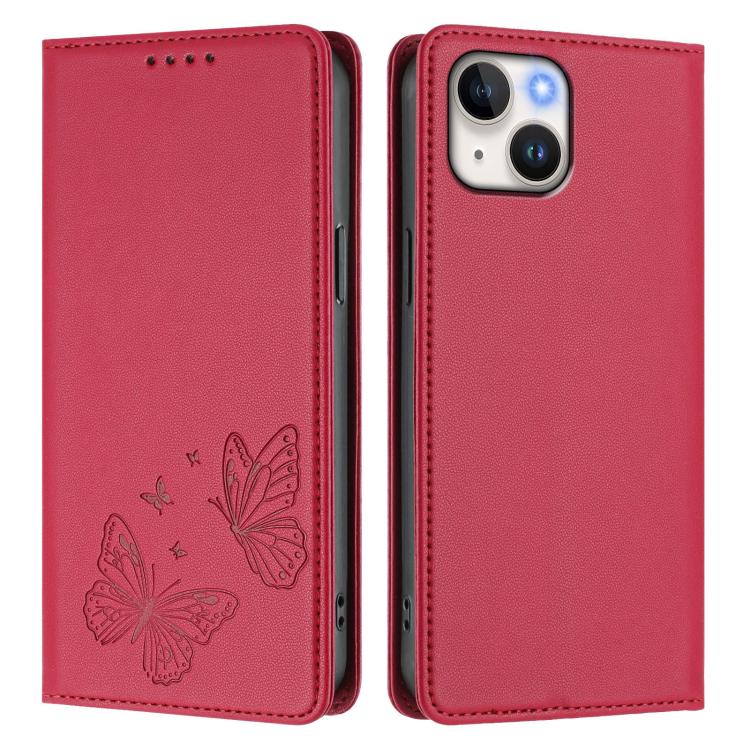 For iPhone 15 Plus Strong Magnetic Dual Butterfly RFID Vegan Leather Phone Case