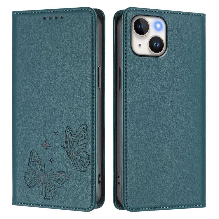 For iPhone 15 Plus Strong Magnetic Dual Butterfly RFID Vegan Leather Phone Case
