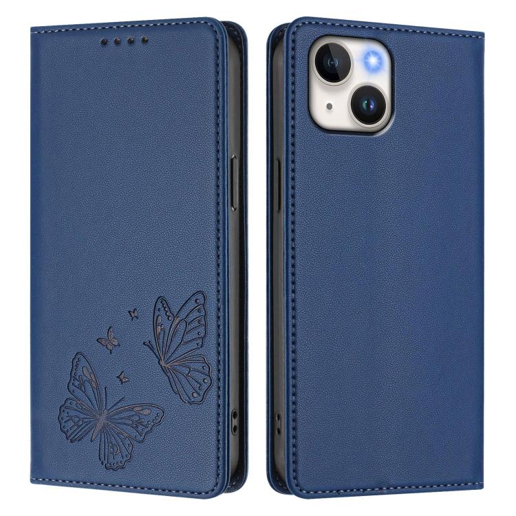 For iPhone 15 Plus Strong Magnetic Dual Butterfly RFID Vegan Leather Phone Case