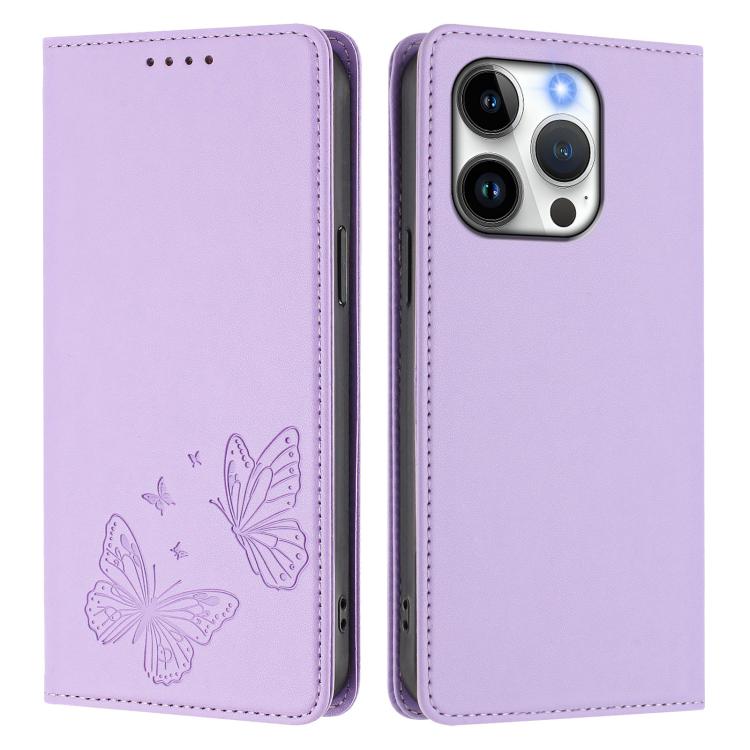 For iPhone 15 Pro Strong Magnetic Dual Butterfly RFID Vegan Leather Phone Case