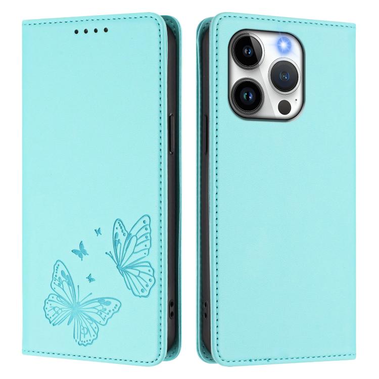 For iPhone 15 Pro Strong Magnetic Dual Butterfly RFID Vegan Leather Phone Case