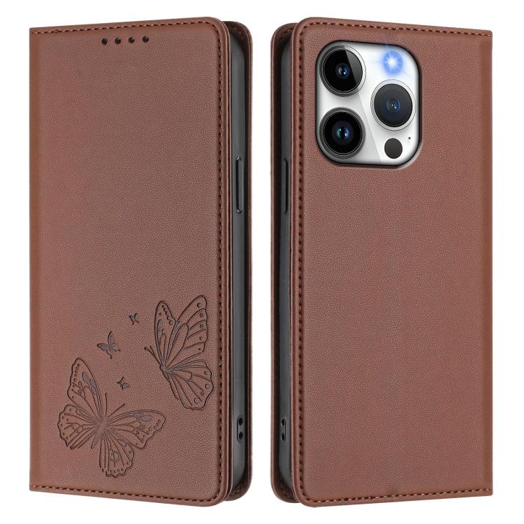 For iPhone 15 Pro Strong Magnetic Dual Butterfly RFID Vegan Leather Phone Case